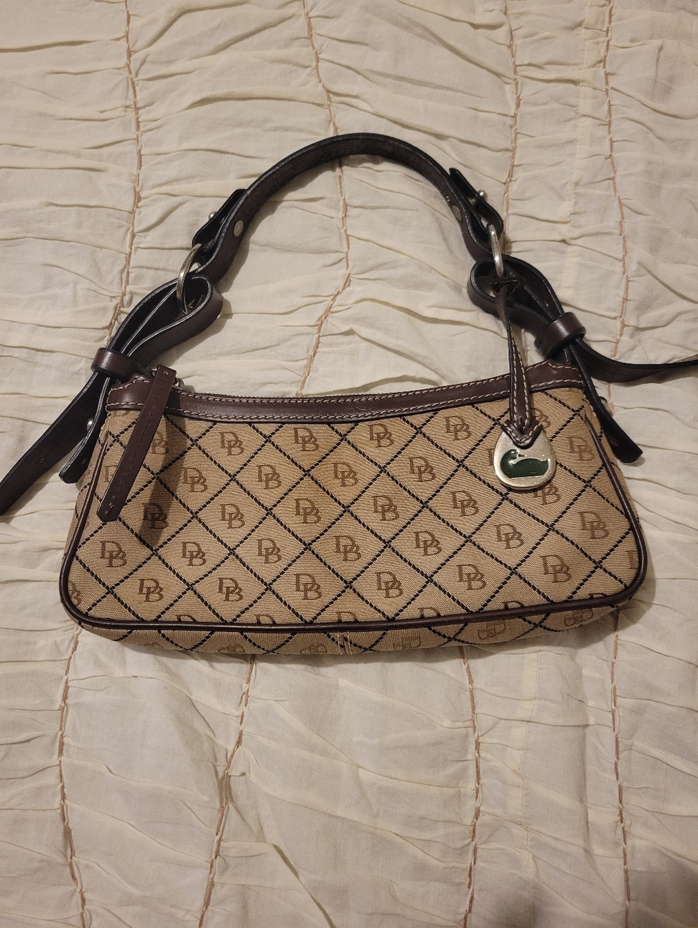 Dooney & Bourke Tan Signature Jacquard Shoulder Bag with Dark Brown Trim